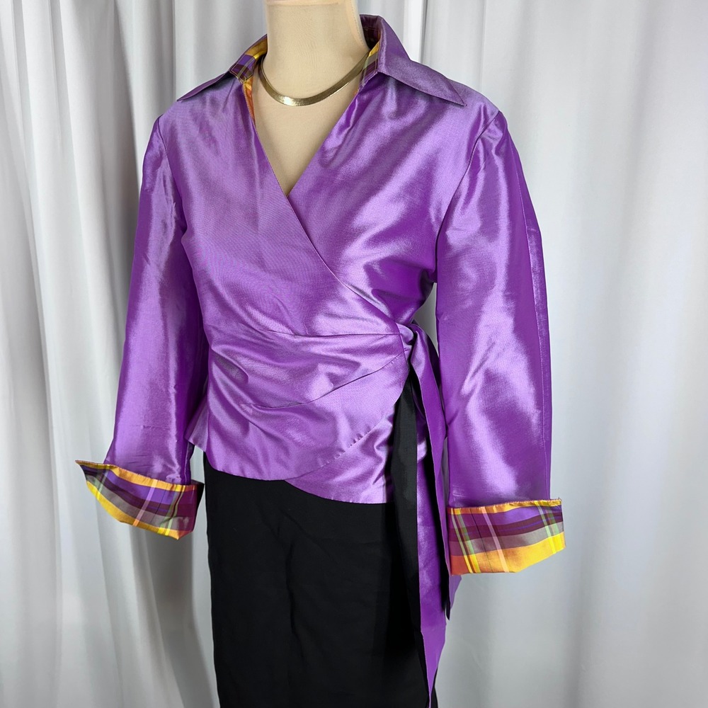 Marisa Baratelli Thai Silk Wrap Top Purple Plaid Trim Tie Waist Womens Sz 10